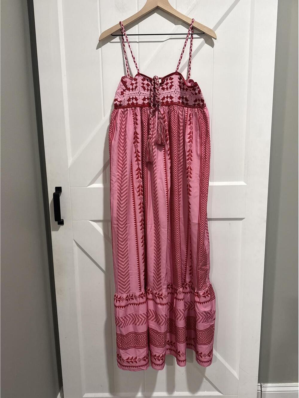 Pink and Red Boho Crocheted Summer Maxi Dress with Spaghetti Straps, Size S